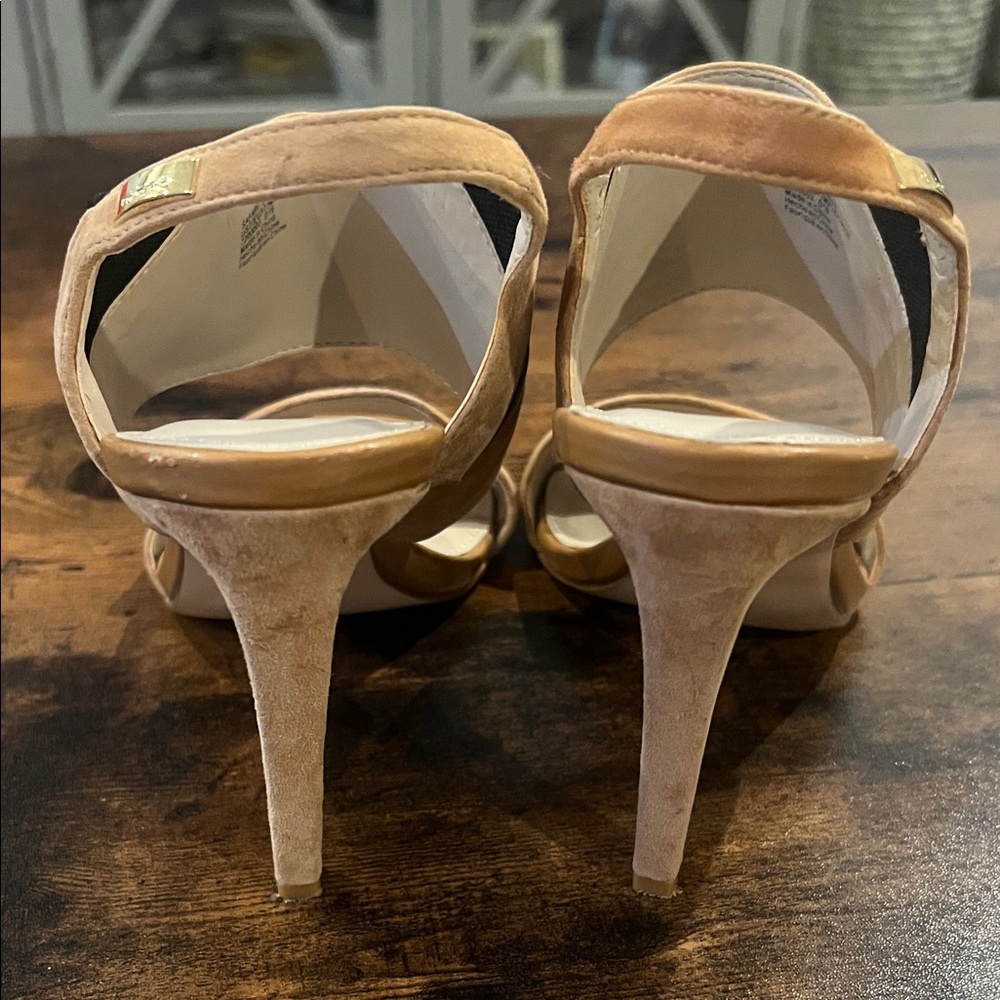 Calvin Klein Safari Suede Heeled Sandals in almond tan - Picture 3 of 4